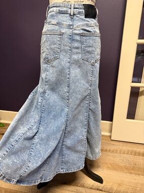 Maje Light Wash Denim Trumpet Flared Maxi Skirt